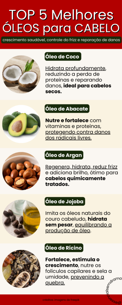 imagem de infográfico 5 melhores óleos vegetais para cabelos ressecados